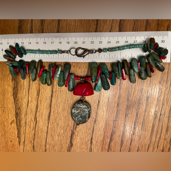 Turquoise and coral stones - hand crafted into this beautiful piece. Length @15” - Picture 6 of 6